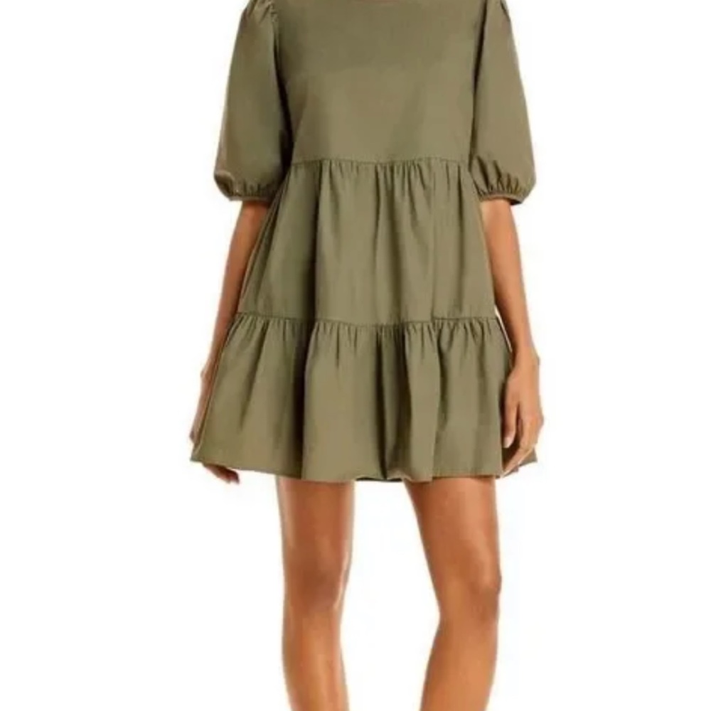 AQUA Ruffled Puff Sleeve Poplin Mini Dress In Olive Green